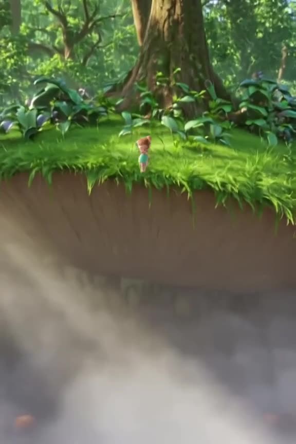 Tiny acrobat swings on a blade of grass above a giant mushroom cap. Volumetric fog swirls…