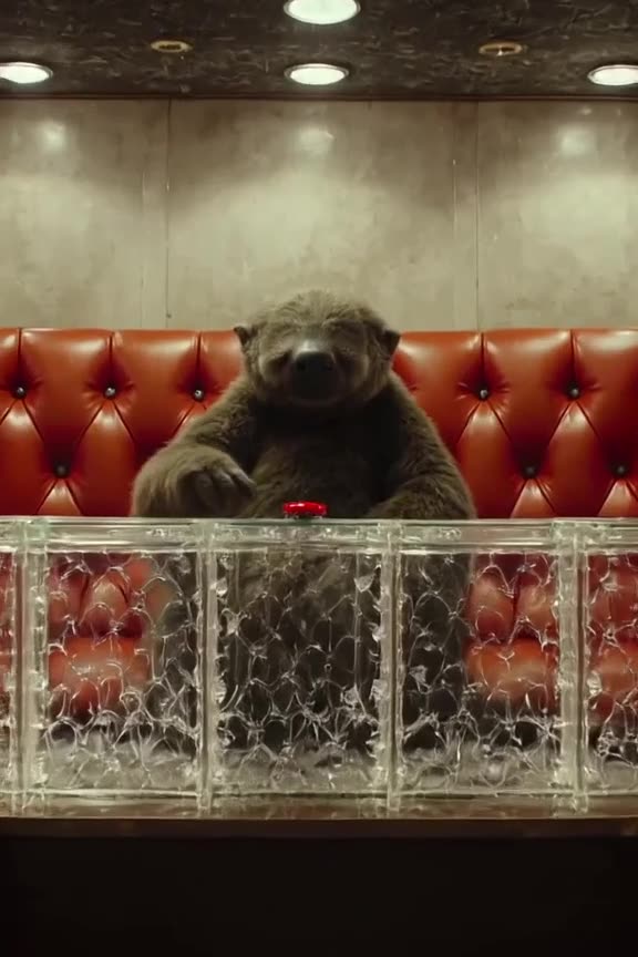 A sloth sits in a luxury DJ booth made of crystal, slowly pressing a single red button. T…