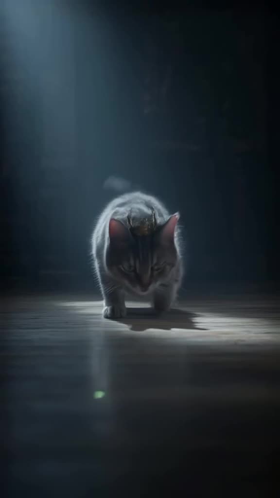 A medieval cat wears a tiny crown and watches a laser pointer dot. The dot moves across t…