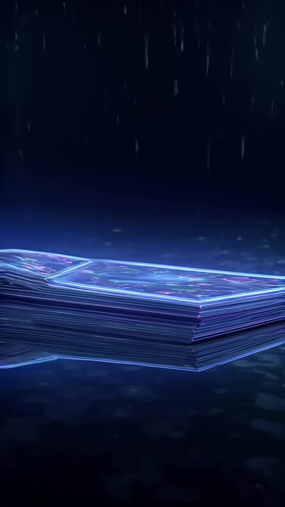Cyberpunk. A digital card glows blue in a dark room. It slices through a stack of physica…