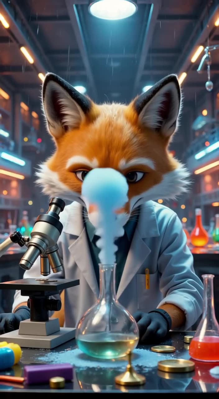 Fox in a lab coat examines a bubbling brass flask under a microscope in a cluttered labor…