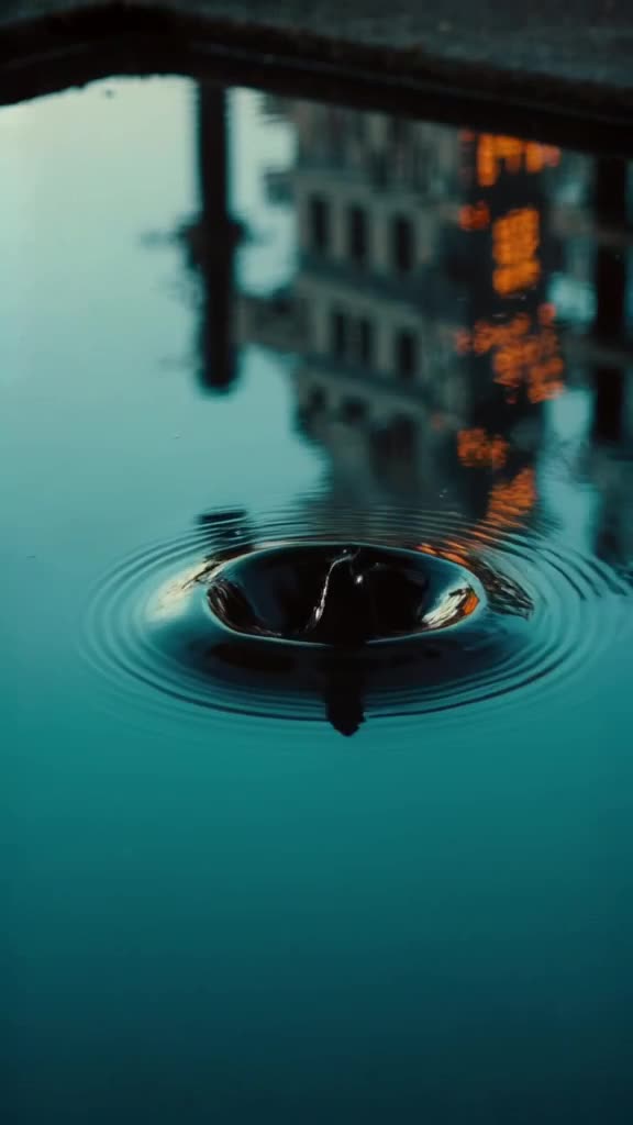 A single drop of dark ink hits the surface of a still, mirror-like pool of liquid. It blo…