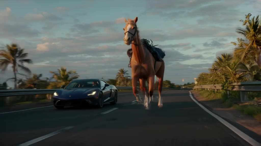A centaur and a horse race against a modern sports car on a coastal road. The centaur win…