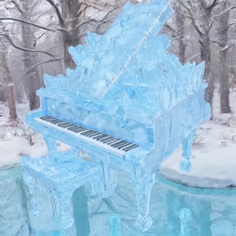 A grand piano made of floating, suspended ice crystals sits in a snowy forest. When a gho…