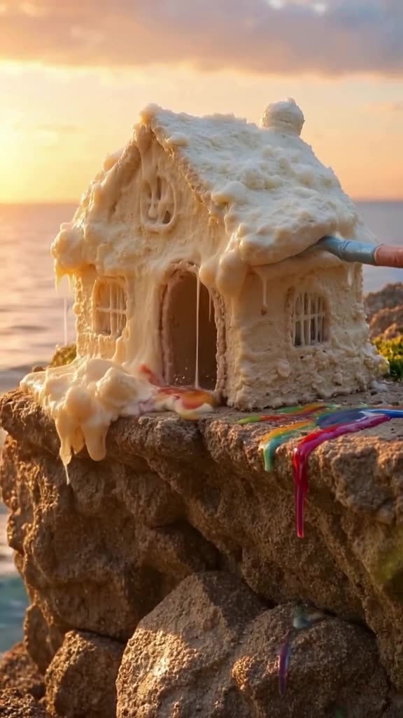 A house made of stacked ice cream scoops sits on a cliff edge. It’s melting rapidly in th…
