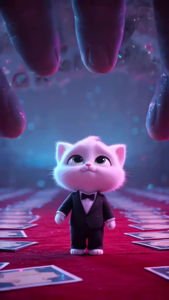 A tiny kitten in a miniature tuxedo stands on a red carpet made of rolled-up credit cards…