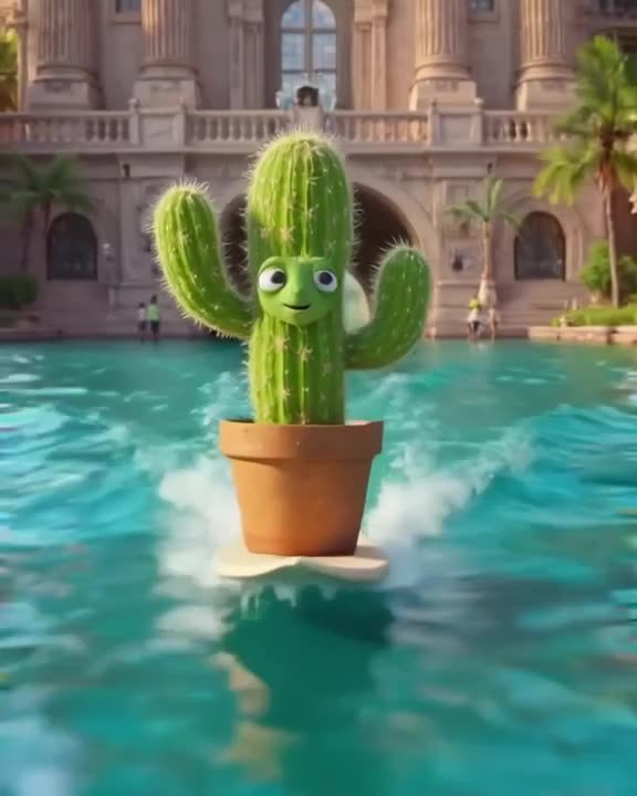 A cactus in a pot rides a tiny surfboard through the canal waves. It maintains perfect ba…