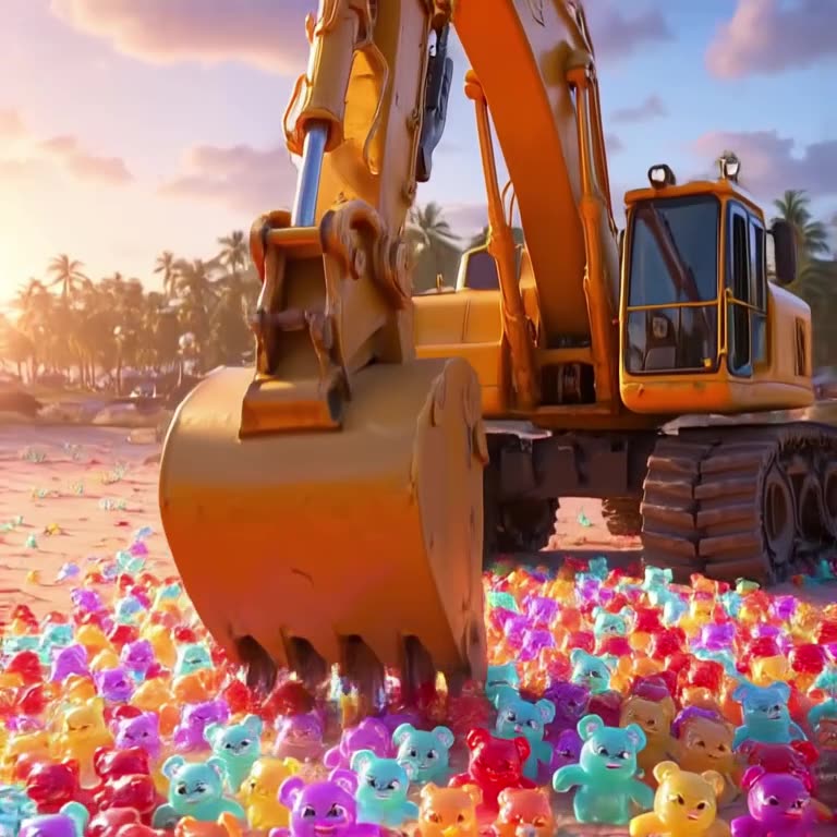 A massive yellow excavator digs into a beach, but instead of sand, it unearths glowing ne…