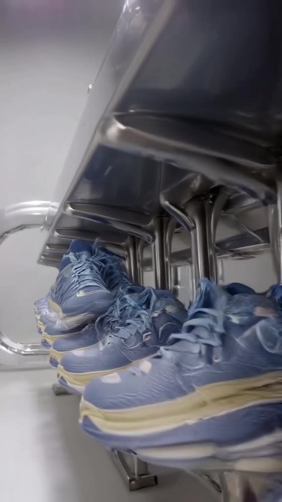A line of running shoes on a rack merges into a single streamlined pod-like vehicle. Meta…