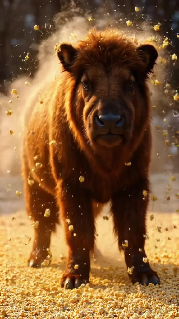 A musk ox stands still as a whirlwind of yellow popcorn bursts around it. Each kernel pop…