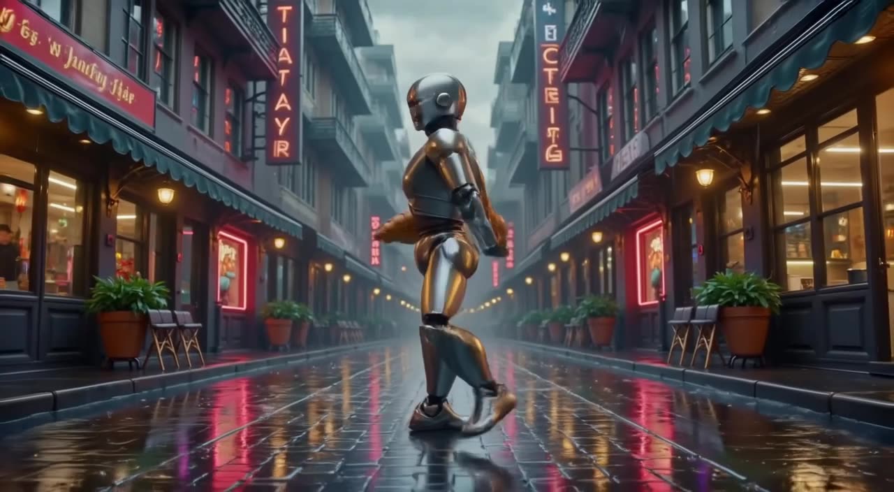 A sleek chrome robot with a croissant tucked under its arm breakdances on a wet cobblesto…
