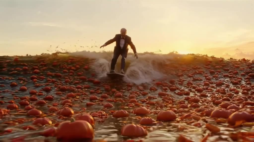 An elderly man in a vintage tuxedo surfboards on a wave made entirely of floating pumpkin…