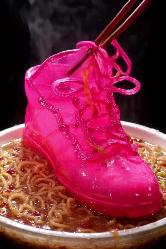A translucent jelly sneaker in neon pink sits in a bowl of clear broth. Chopsticks lift t…