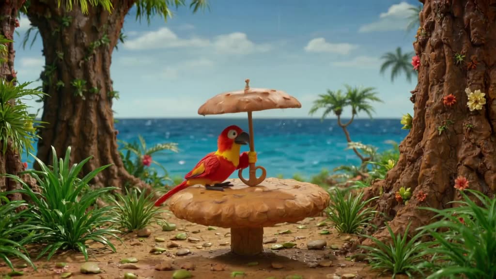 A pirate’s parrot holds a umbrella made of a giant mushroom cap. Rain falls upwards from …