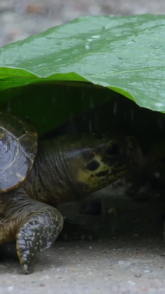 A turtle slowly sliding under a large green leaf to shield a shivering mouse. Raindrops h…