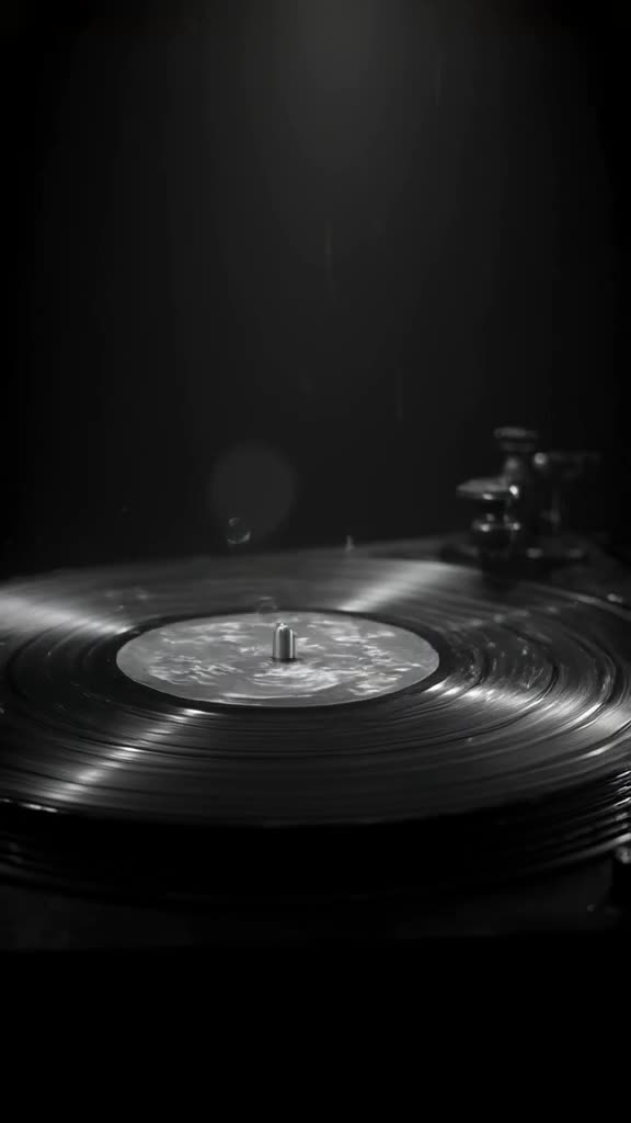 A black vinyl record spins slowly on a turntable. Raindrops hit the grooves, releasing gl…