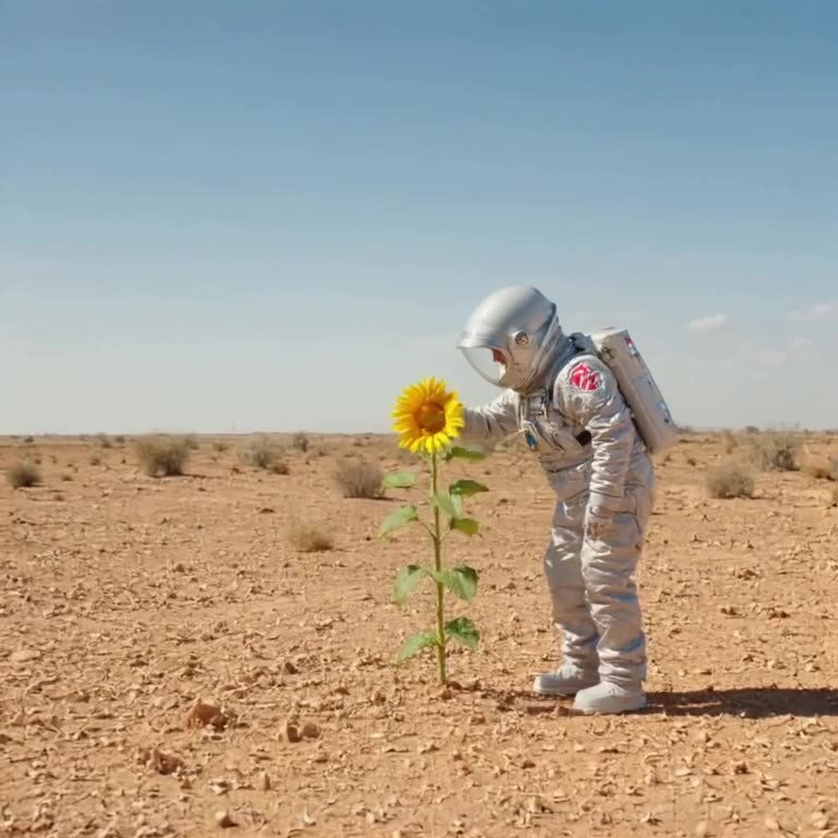 A grandma in a space suit plants a sunflower in the middle of a barren desert. The flower…