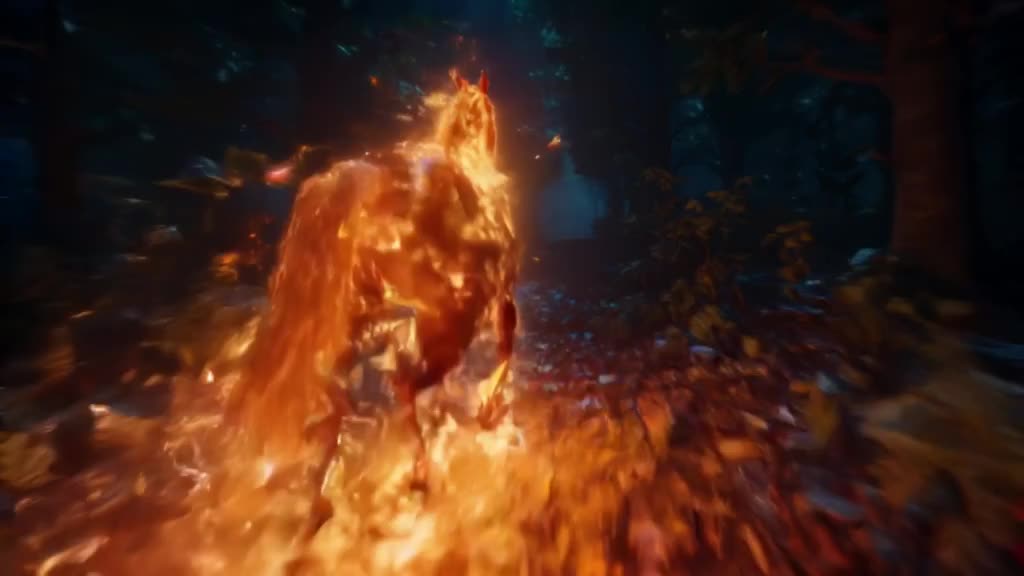 A horse made of glowing embers trots through a dark forest, leaves igniting as it passes.…