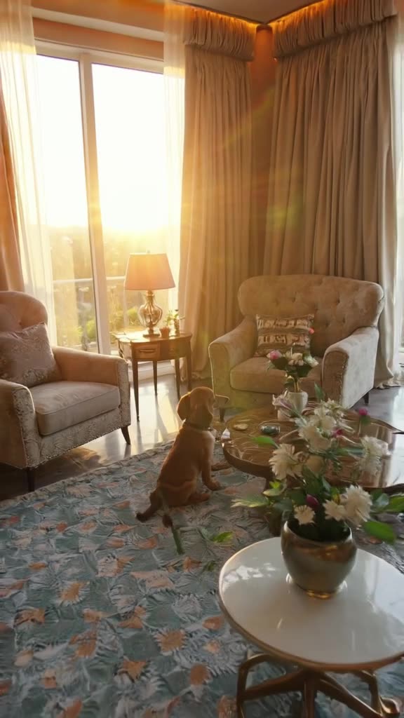 Drone shot soaring over a luxury living room where a dachshund and a duck are watching TV…