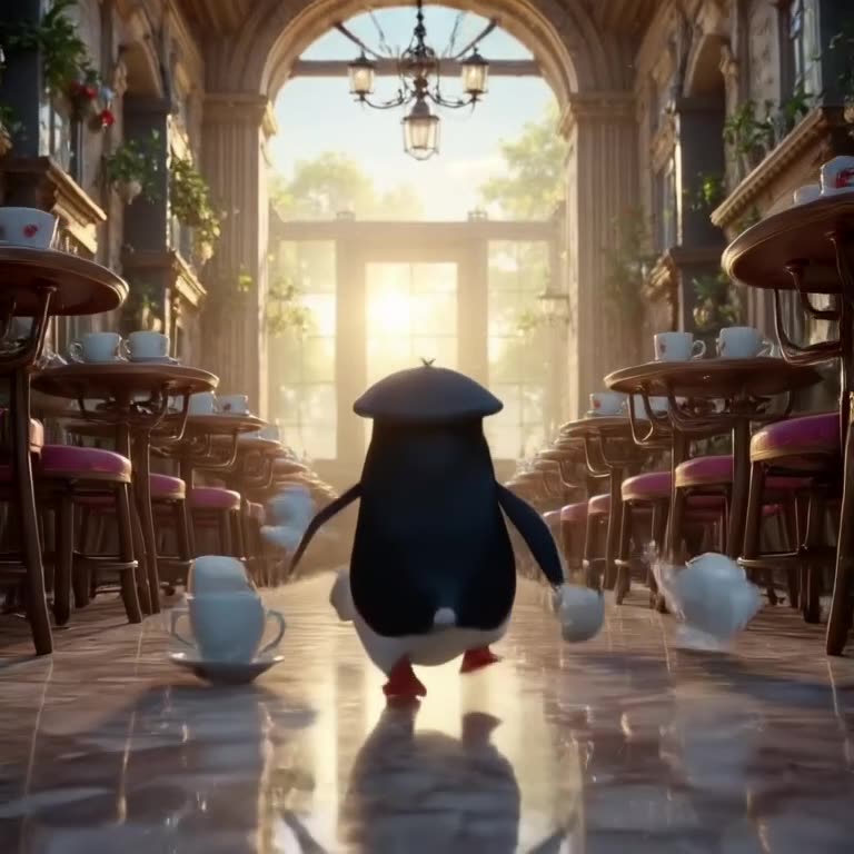 A penguin in a miniature beret slides across a polished marble café floor, kicking espres…