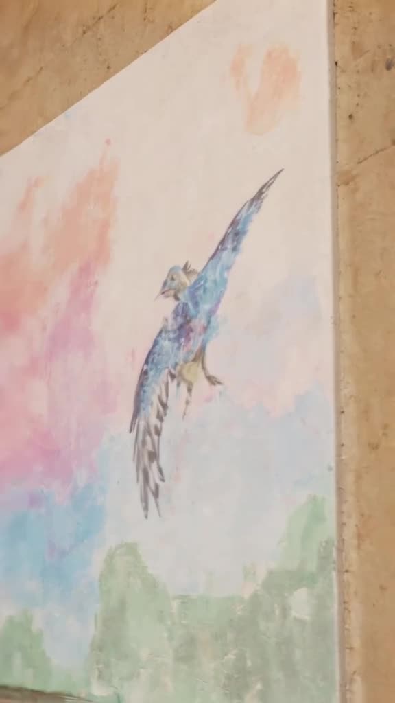 A watercolor painting of a Pteranodon flutters its wings on a canvas. It lifts off the ca…
