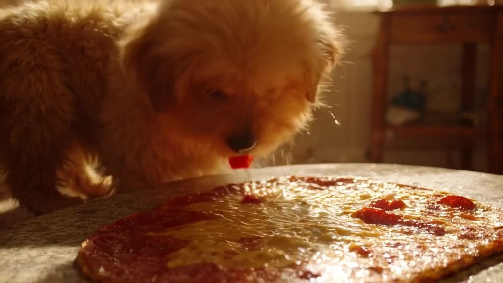A fluffy golden retriever puppy dramatically weeps over a giant pepperoni slice. Tears sp…