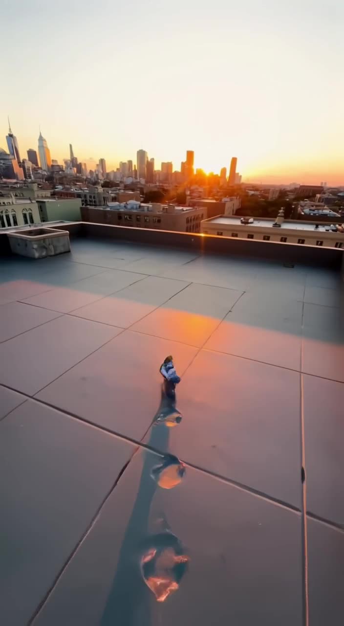 A sneaker walks across a rooftop at sunset, leaving glowing footprints that fade slowly. …