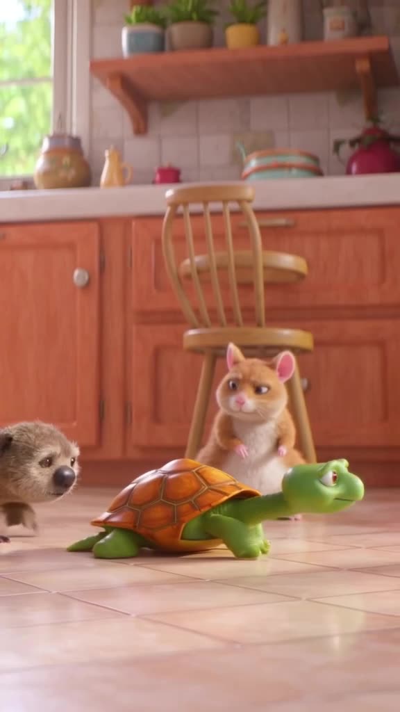 3D animated scene: A sloth and a turtle race across a kitchen floor, both moving extremel…
