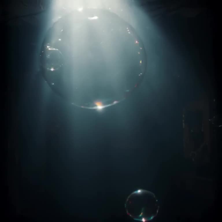 A soap bubble floats across a dark room, reflecting rainbow colors, then pops with a deli…