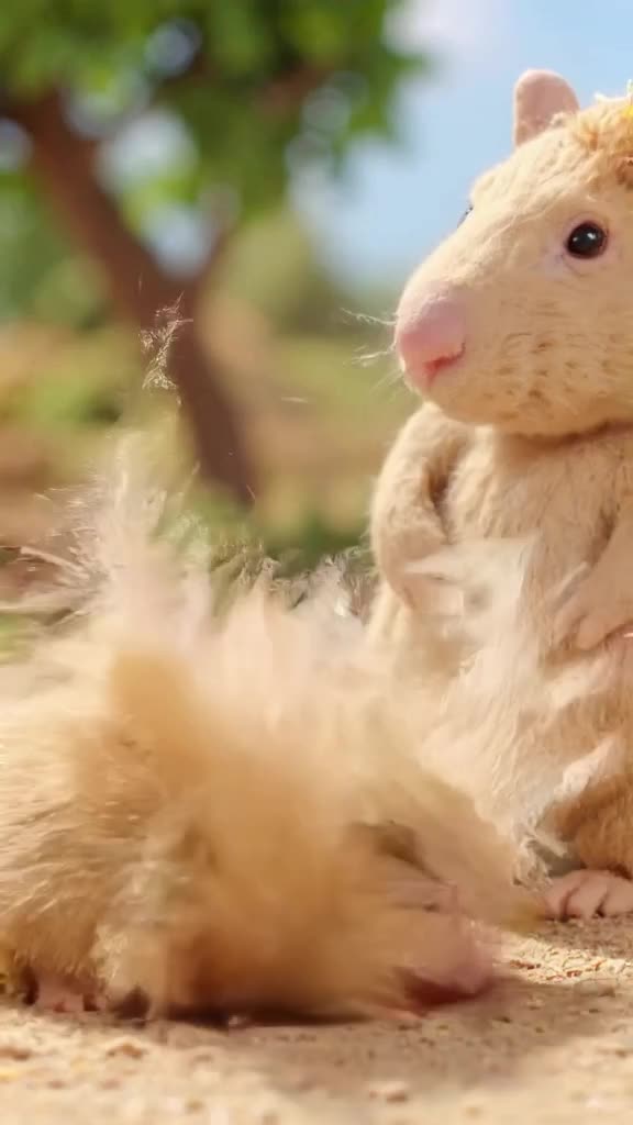 Claymation scene where a hamster’s head inflates like a balloon, spinning rapidly. A guin…