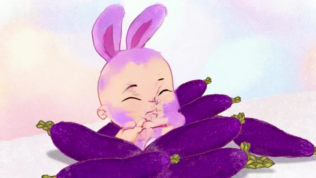 A baby bunny burrows into a pile of purple eggplants, emerging with eyes crossed and cove…