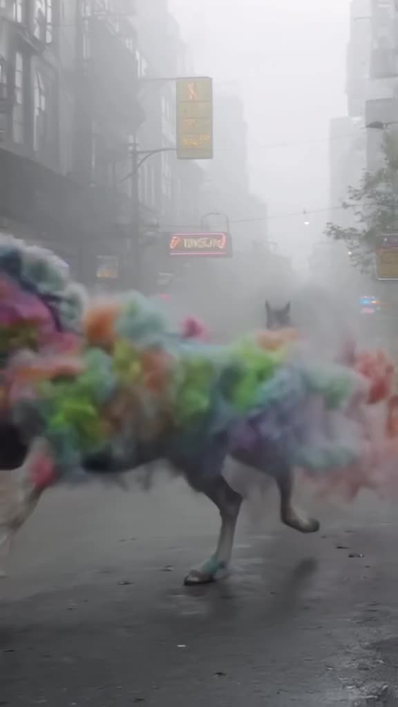 A horse formed from swirling, colorful smoke gallops through a foggy, monochrome city str…