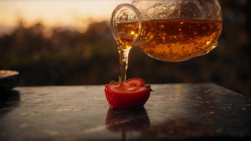 A tiny, perfectly sliced strawberry sits on a dark marble slab. A miniature glass decante…