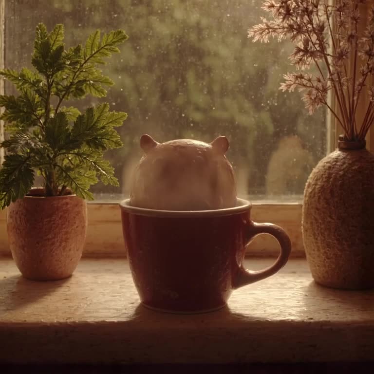 A coffee cup sits on a windowsill. Rain outside, warm steam inside. The steam forms the s…