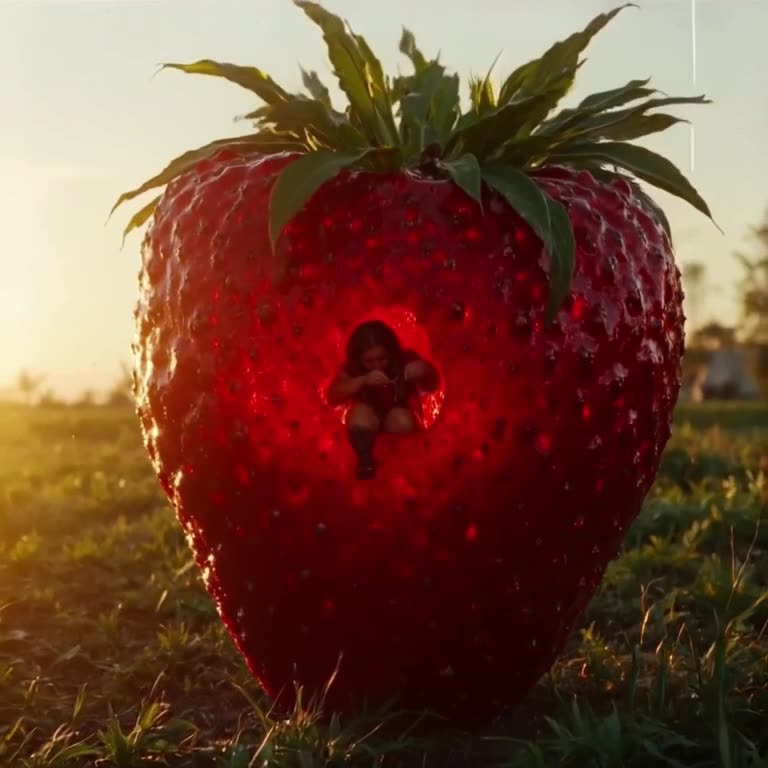 Macro shot of a giant, hyper-realistic strawberry with a tiny person inside using a needl…