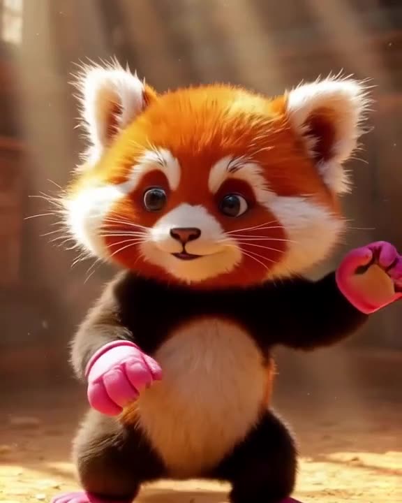 A red panda wears pink gloves and dodges invisible punches in a sun-drenched dojo. Dust m…