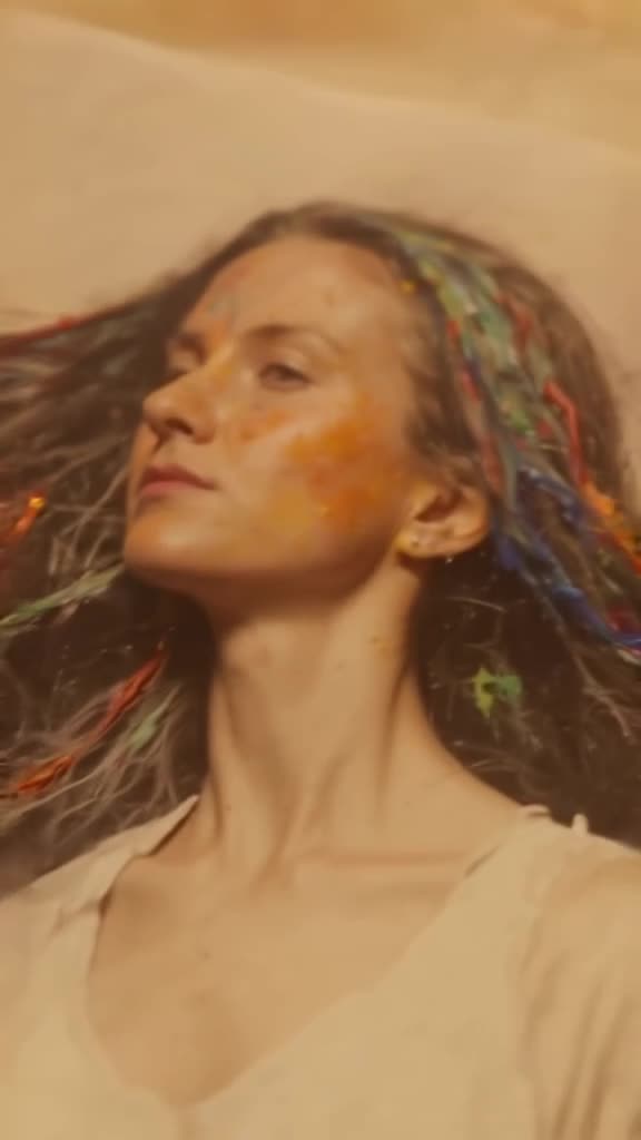 A vintage photograph of a woman turns her head, revealing her hair is actually flowing dr…