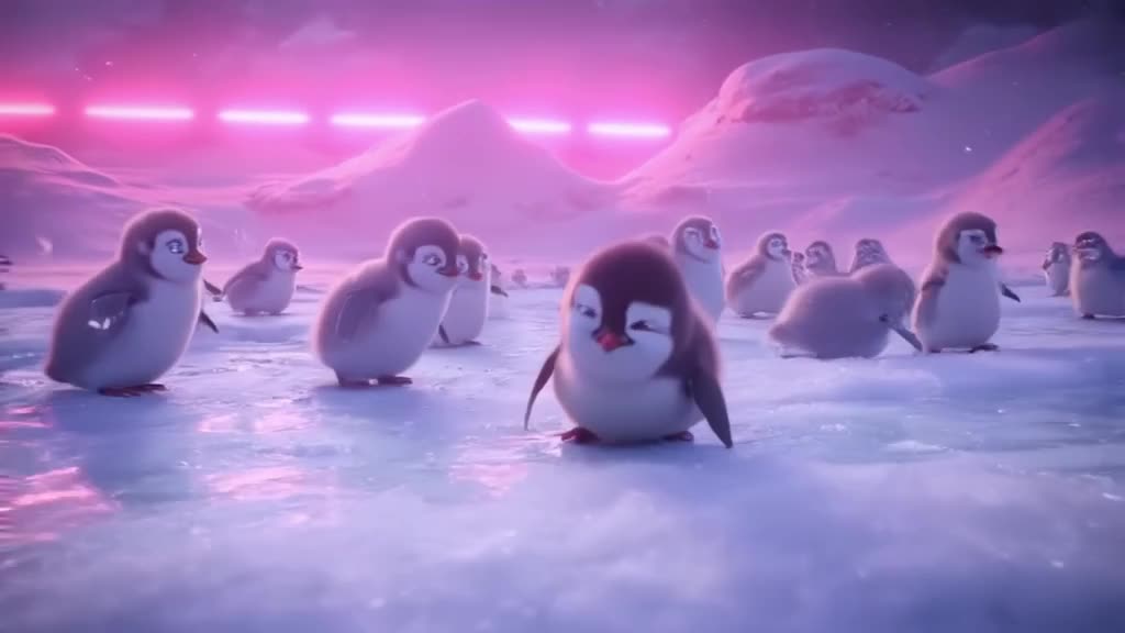 A baby penguin waddles aggressively through snow, slipping comically on an ice patch. Neo…