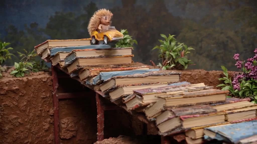 A hedgehog rides a toy car down a ramp made of stacked books. Books tumble slightly as it…