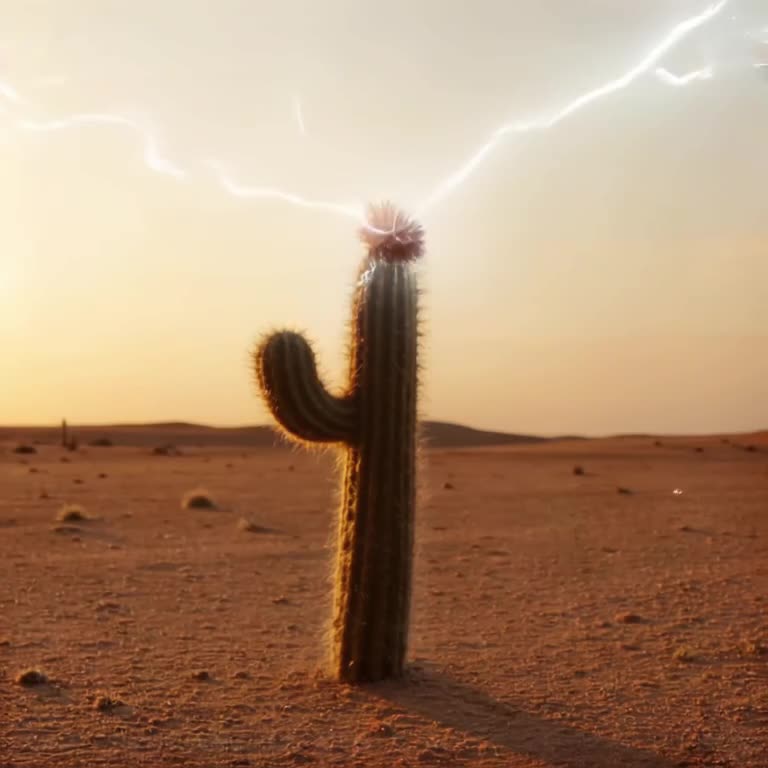 Pixel art desert landscape with a lone cactus. Lightning strikes it, but instead of burni…