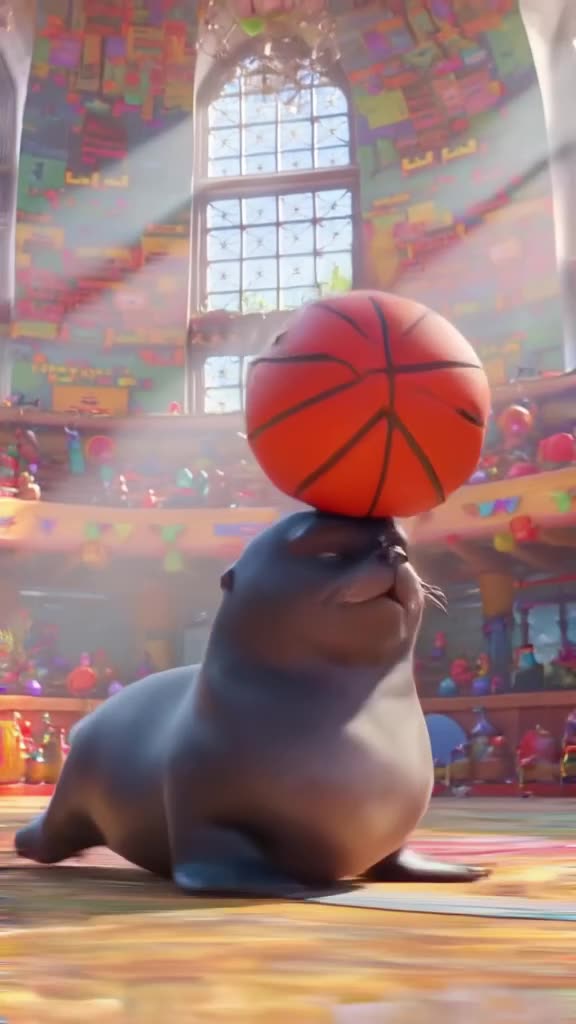A baby seal balances a basketball on its nose in a vibrant, colorful indoor arena. It wob…