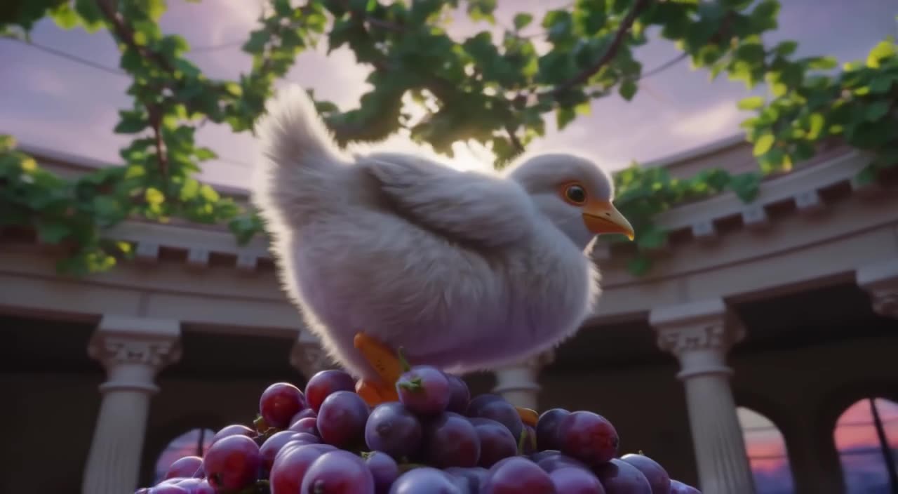 A fluffy chick stands on a pile of purple grapes in a Roman atrium. Morning light filters…