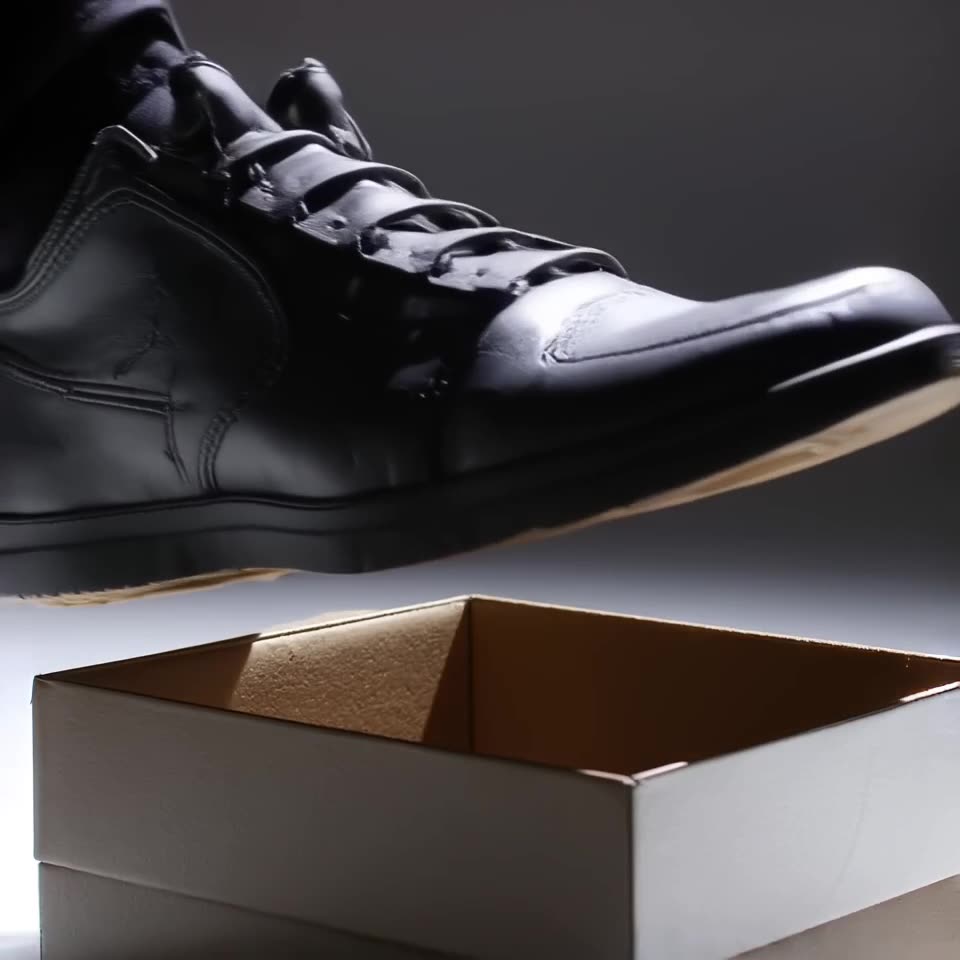 A product-style close-up of a sneaker trying to step into a tiny shoe box, squeezing in w…