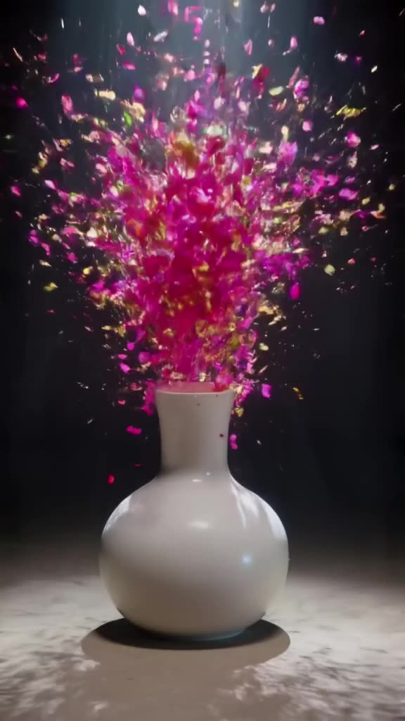 A pristine white ceramic vase sits in a dark studio. Suddenly, it explodes into vibrant p…