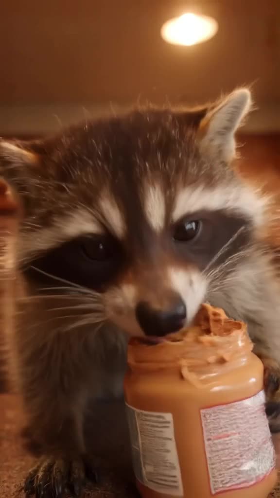 A photorealistic raccoon tries to open a jar of peanut butter, struggling with a 'crunch'…