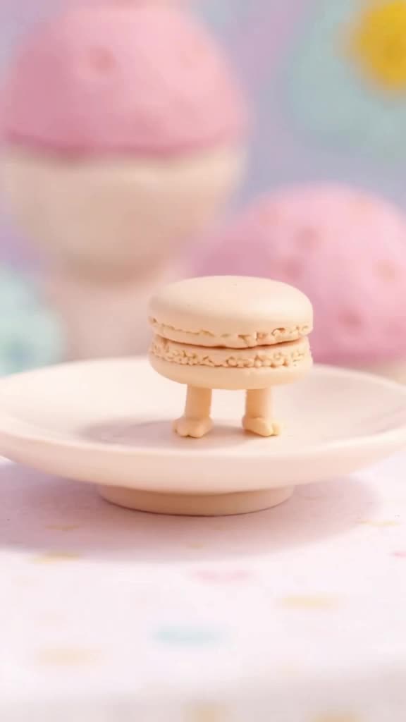 A delicate macaron sits on a saucer. It wiggles, grows tiny legs, and hops off the plate.…