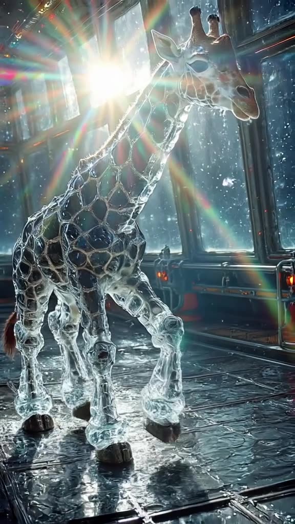 A translucent glass giraffe made of refracting crystal walks through a neon-lit zero-grav…