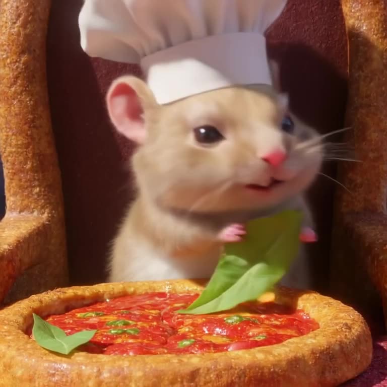 A tiny hamster sits on a throne made of crusts, wearing a miniature chef’s hat. It slaps …