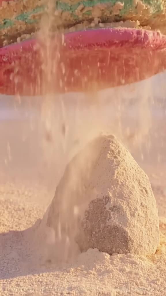 A giant macaron crumbles under the weight of a tiny rock. Layers of almond flour dust puf…