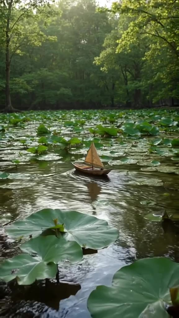 A tiny sailboat made of a leaf navigates through a tide pool filled with giant lily pads.…